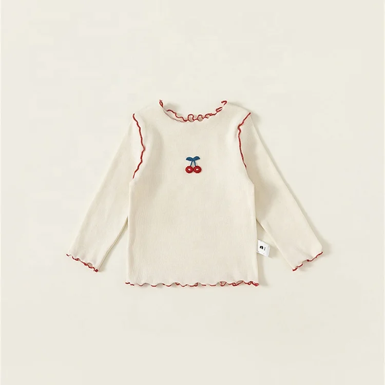 Toddler Kid Baby Girl underwears Autumn Basic Top Embroidered Cherry Cute Sweet Stretch Tee Children Elastic Bottoming Shirt