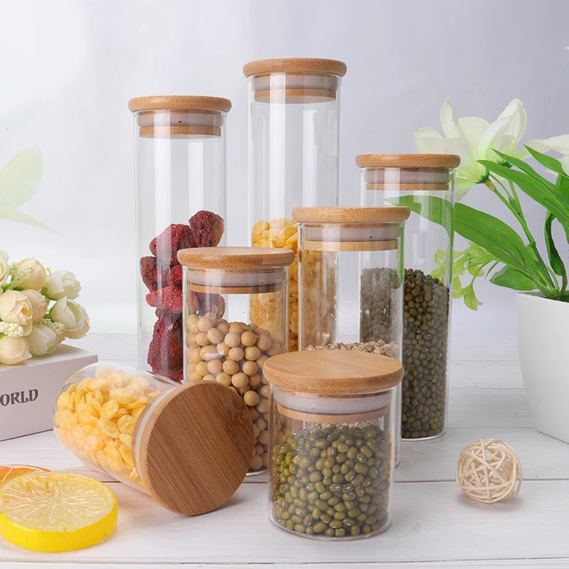 Empty Clear Coffee Beans Glass Bottles Vanilla Glass Jar With Bamboo Lid Cork
