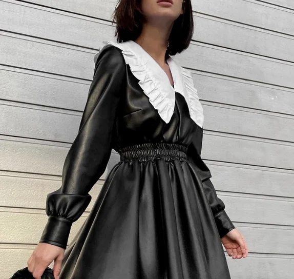 custom logo patchwork pu black high waist short dress casual wedding ladies clothing long lantern sleeve a line dresses