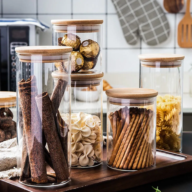 Cheap Customize Borosilicate Glass Container Kitchen Storage Glass Jars Set for Spice Container Bottles With Bamboo Lid