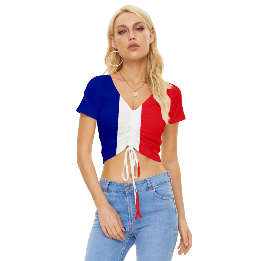 Fashion Girls V Neck T Shirts France Germany Spain National Flag Pattern Womens Short Sleeves For 2022 Football World Cup