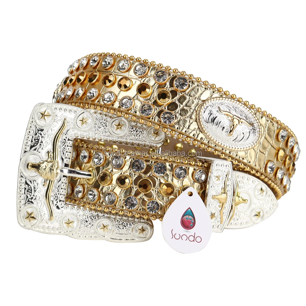 Crocodile Print Luxury Custom Golden Diamond Western Cowgirl Pu Leather Bling Studded Crystal Men Rhinestone Belt