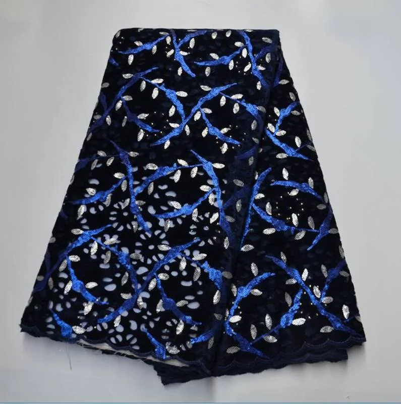 AG6798  african embroidery blue flower wedding net velvet sequin lace fabric with velvet and sequences