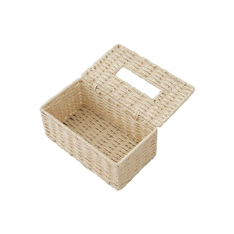 Paper Woven Tissue Box Paper Cord Desktop Storage Box Living Room Organizer Basket 8.8 Inch Brown Yellow Recyclable