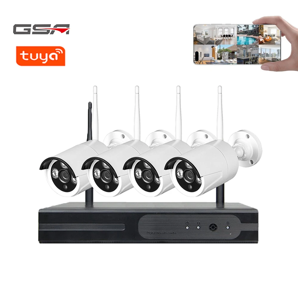 GSA Tuya AI Home Security 4CH Wireless CCTV Camera System 2MP HD Waterproof WiFi NVR Kit 1080P P2P Outdoor IP Bullet Camera