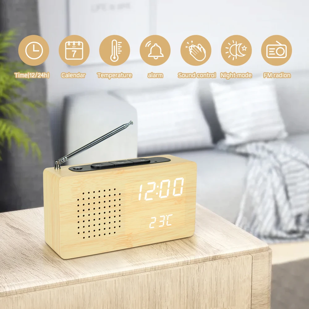 Evertop ET525 Classic Model Wood FM Radio 3 Alarms Temperature Multifunction Digital Table LED clock