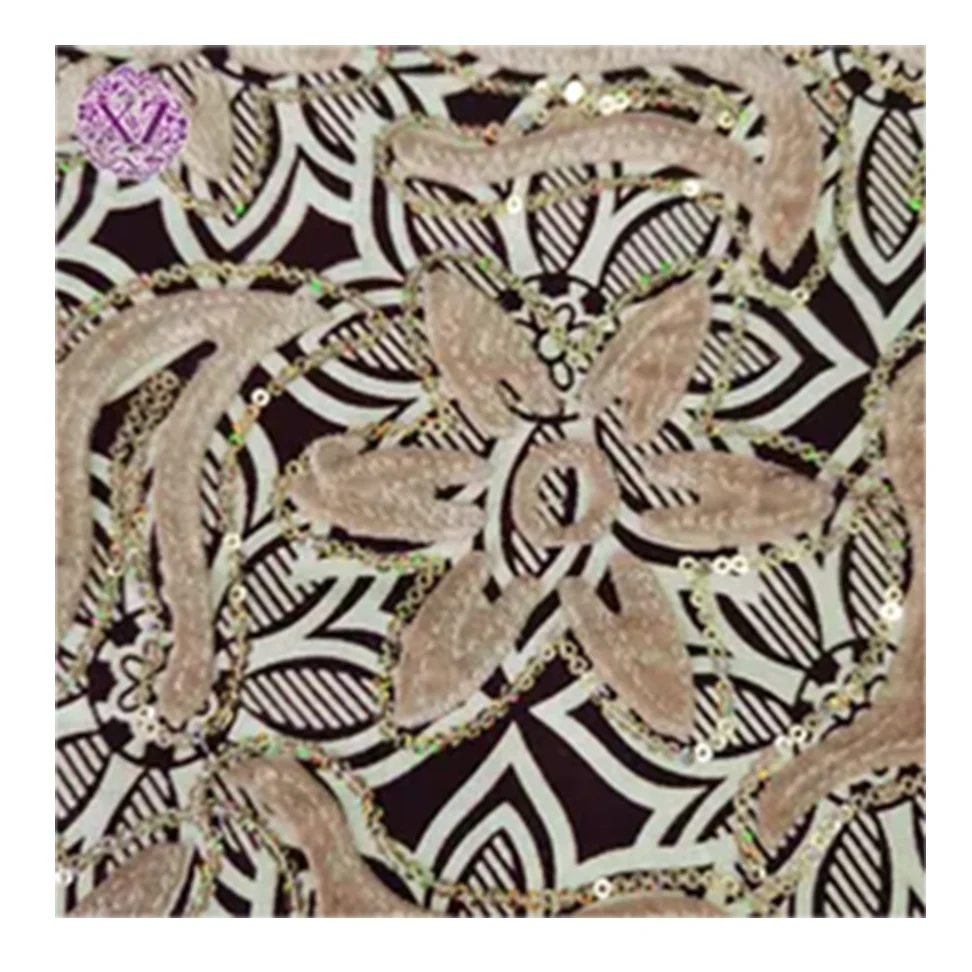 Exclusive Heavy Embroidery Work Velvet Shawl Prints Fabric Cotton Wax Manufacturer African Sequins Embroidery Fabric