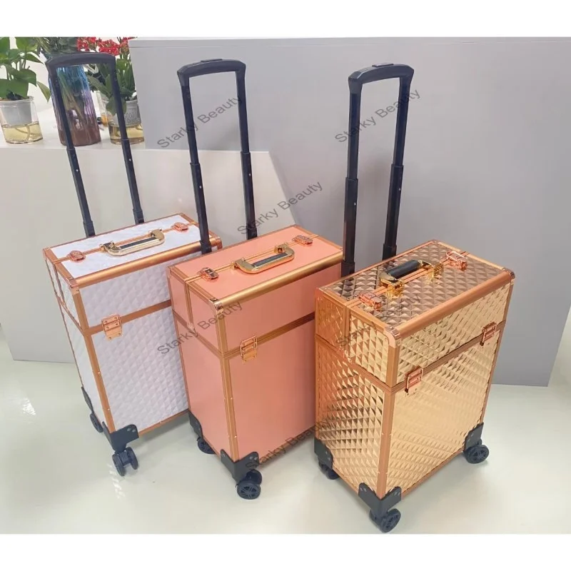 2024 Professional Aluminum Makeup Trolley Case Beauty suitcase Organizer Rolling Cosmetic Train Case Removable 4-wheel