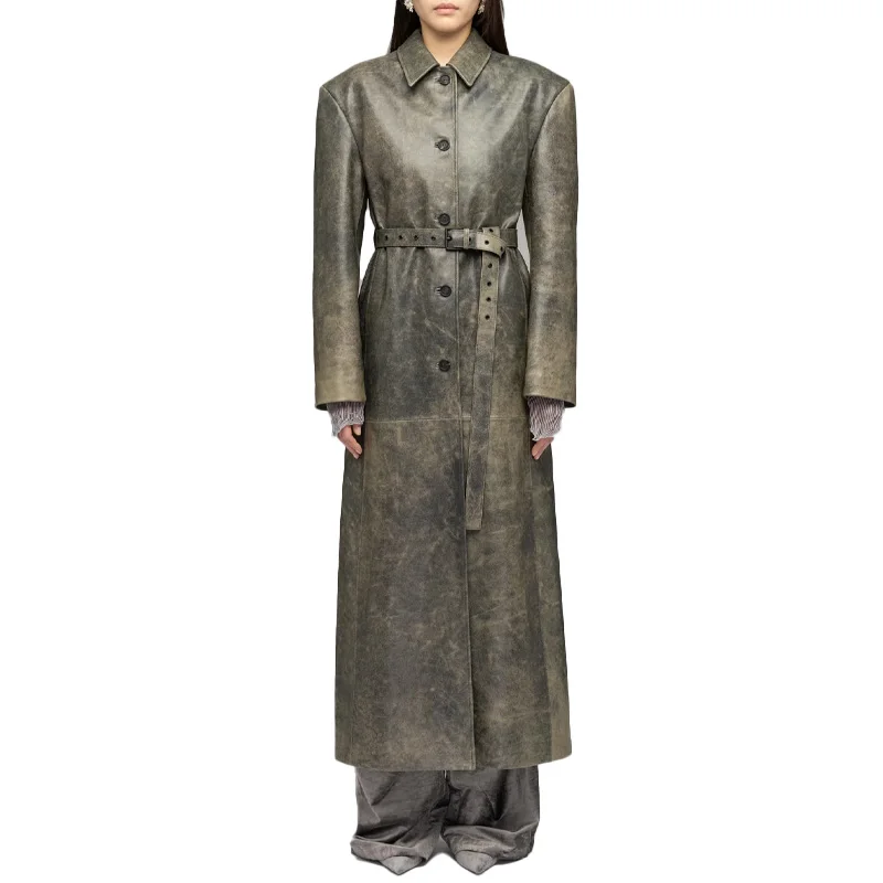 New Arrivals Wholesale Fashion Vintage extra Long Leather Coat With Its Webbing Tape Reinforced Backside and Metal Eyelets