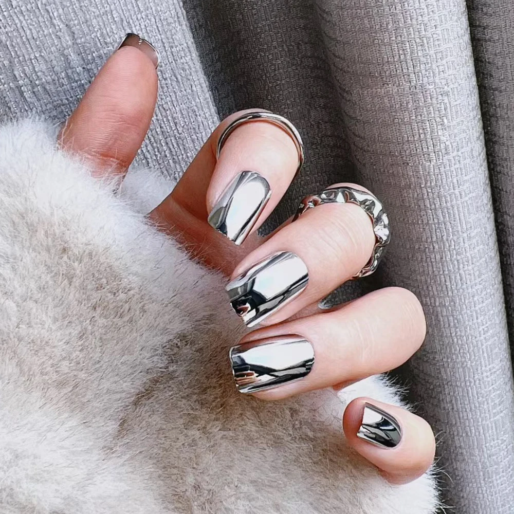 Faux Ongles Custom Press On Nail Metallic Silver Electroplated Nails Reusable Good Quality Press On Nails Acrylic Affordable
