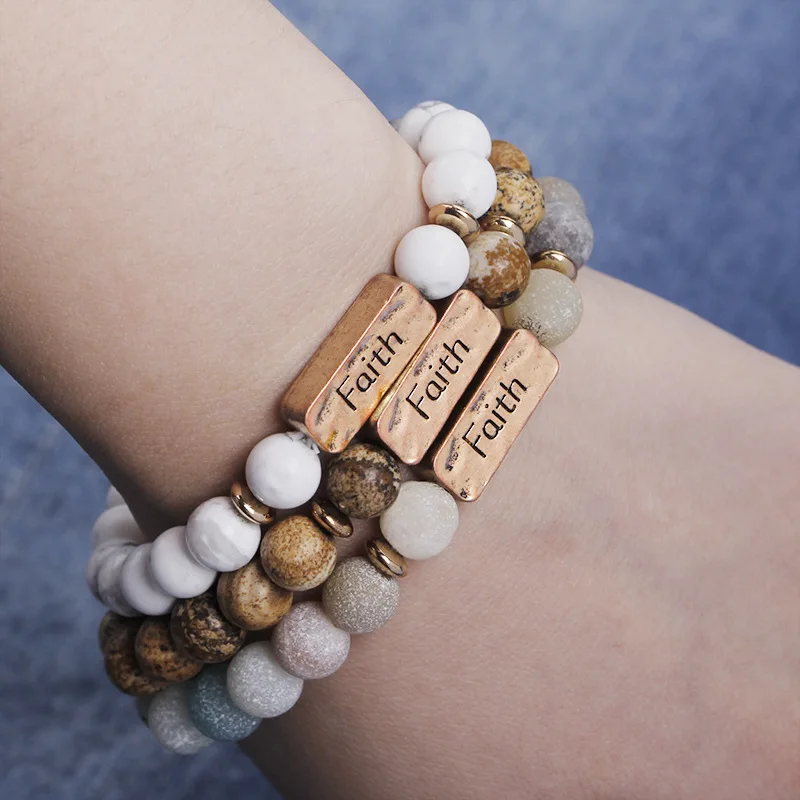 Inspired Hope Love Faith Blessed Stretch Metal Plate Engraved Message Natural Stone Bead Bracelet