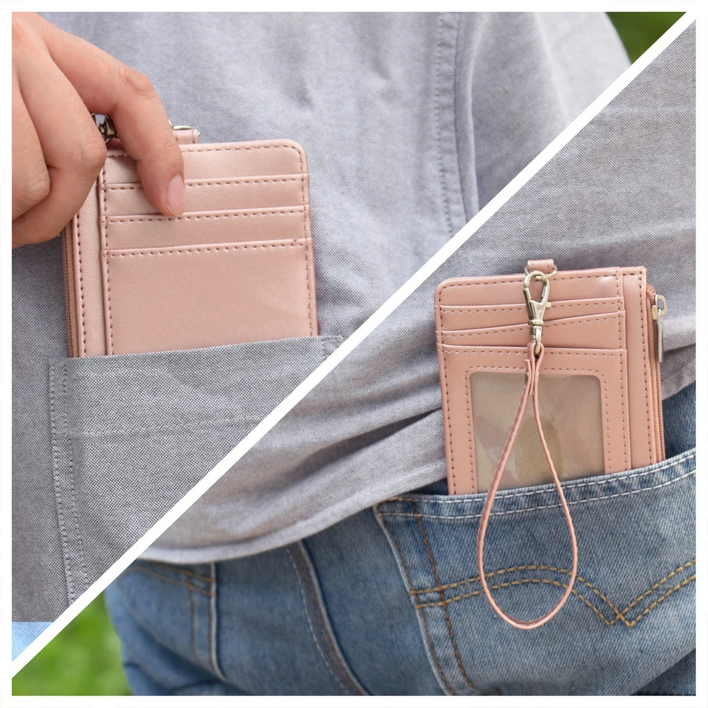RFID PU Leather Credit Card Case Portable Multi Card Slots Zipper Wallet ID Badge Card Holder With Hand Strap