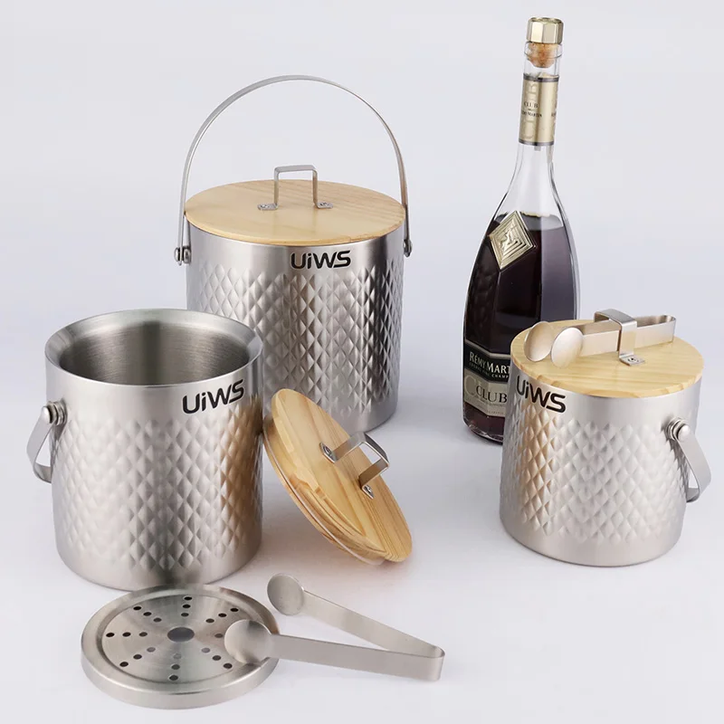 Custom logo stainless steel ice bucket hotel wine bucket champagne ice bucket with wooden lids