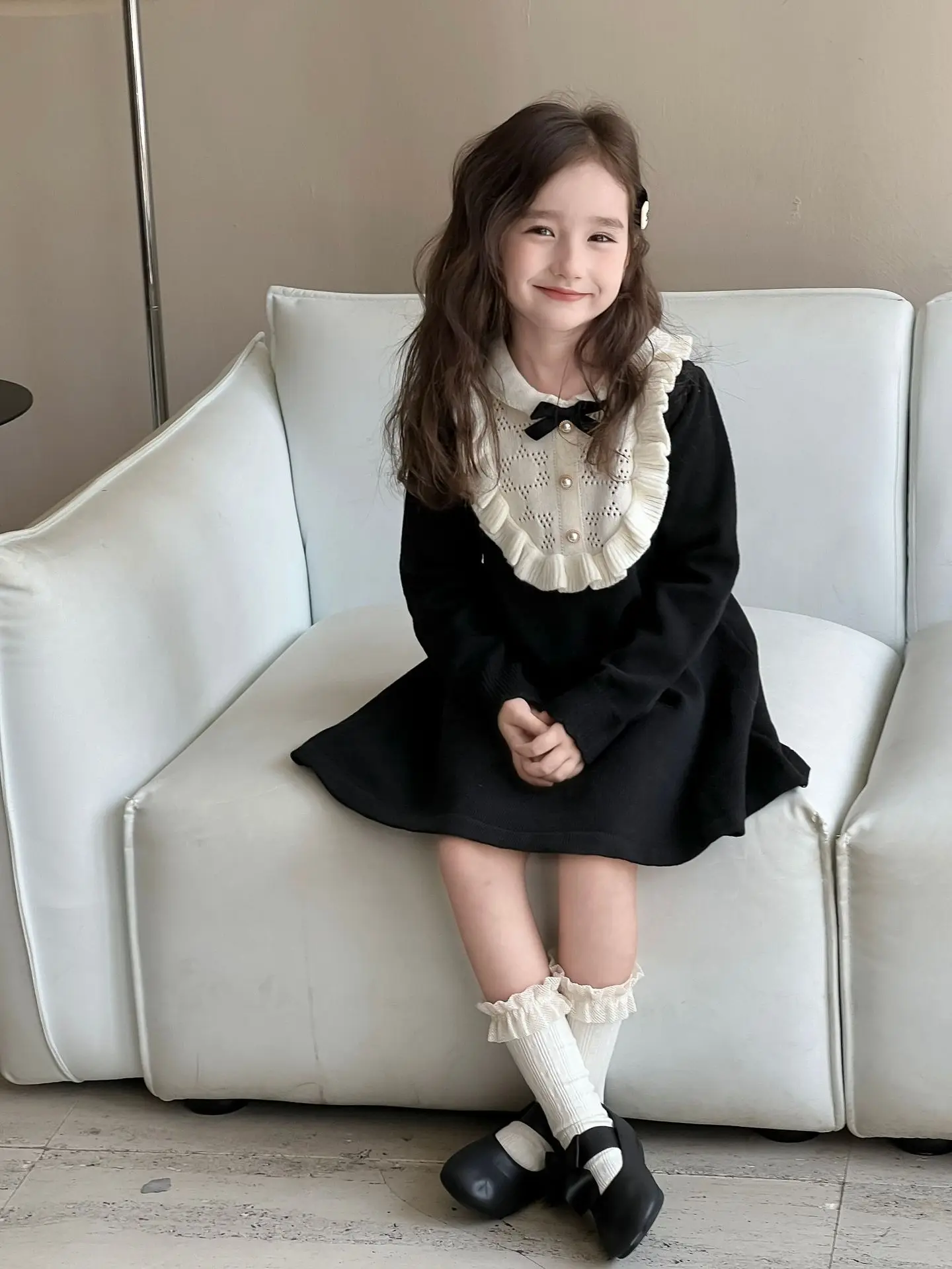 0669 autumn winter design little baby girls knitted dress infant toddler kids princess ruffles dress clothing wholesale