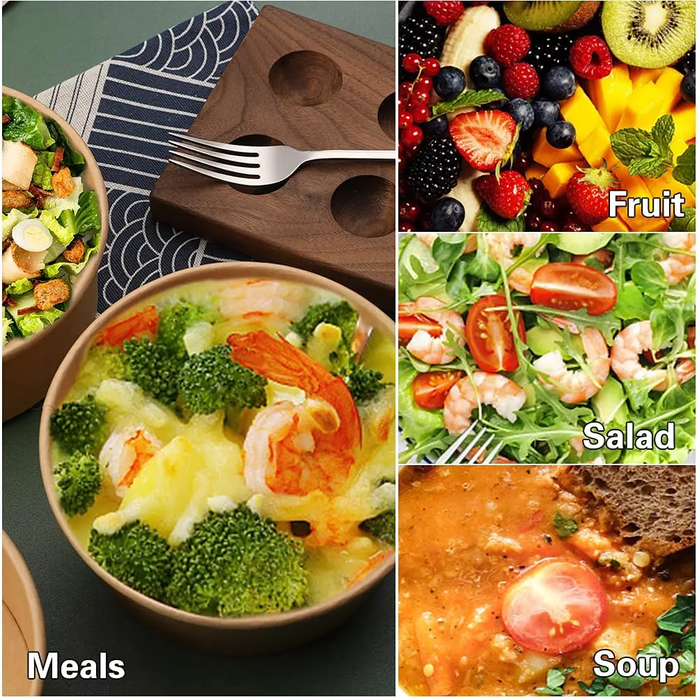 Disposable Custom Logo Printing Food Packing Container Salad Bowls Kraft Paper Bowl With Paper PP Lid From Factory Manufacturer