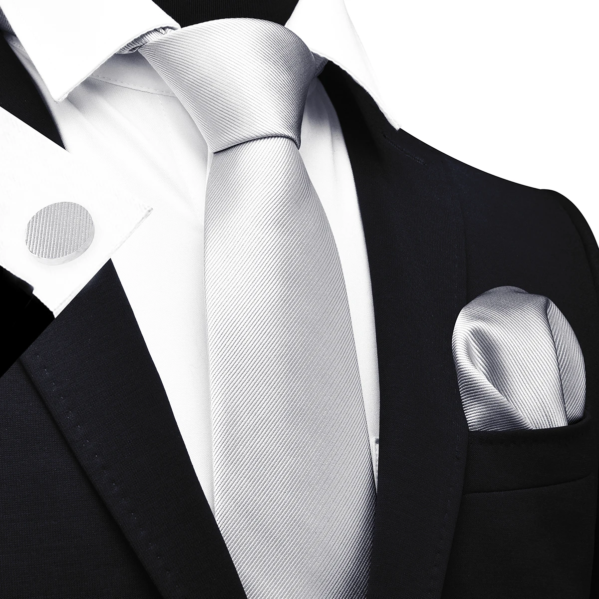 Solid Color Ties and Pocket Square Cufflinks Sets Pure Color Ties Business Formal Ties Handkerchief Classic Colors Silver Black