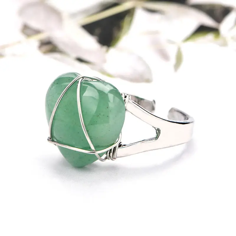 Wholesale Heart Shape  Handmade Craft Hand Wire Wrapped Gemstone Crystal Ring for Women and Girls Jewelry