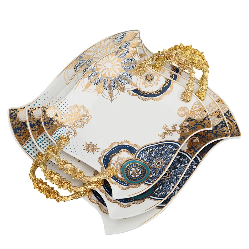 Hot Selling Irregular Square Shape Decorative Ceramic Embossed Decal  Fruit Candy Chocolate Tray Plate Set