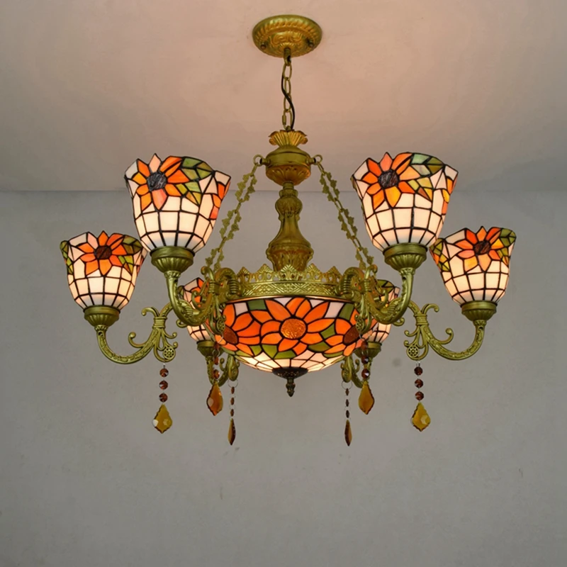Sun Flower Glass Light Retro Chandeliers 8 Stained Shade Kitchen Island Pendant Lamp Style Lamps Pictures Lampade Tiffany