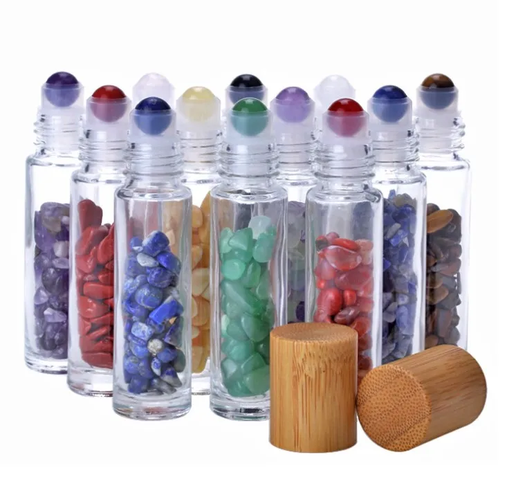 
10ml roll on bottle with gemstone rollerball crystal chips inside glass roller bottles essential oil sample bottles bamboo lids 