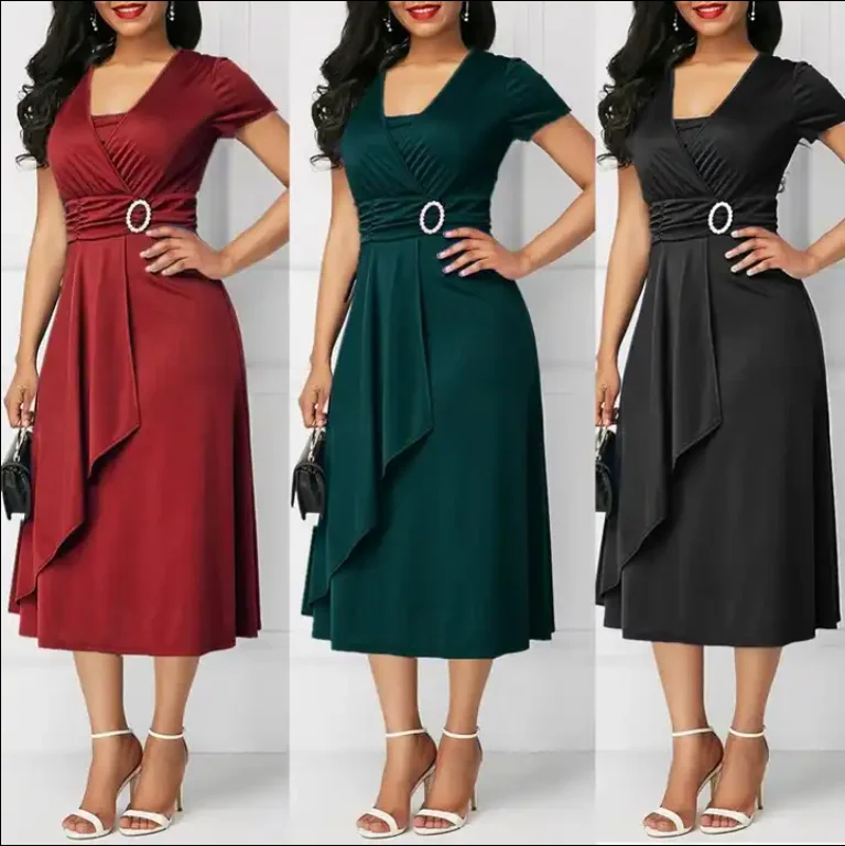 C240032 Plus Size Midi Career Dress Short Sleeve Irregular Swing Waist Work Party Dresses