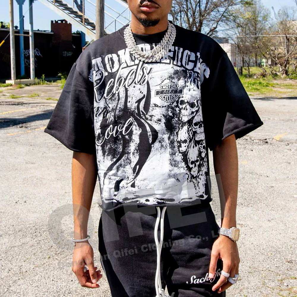 Custom tshirt manufacturer thick collar 300gsm heavyweight cropped tee oversize screen print graphic 100 cotton boxy t shirt men