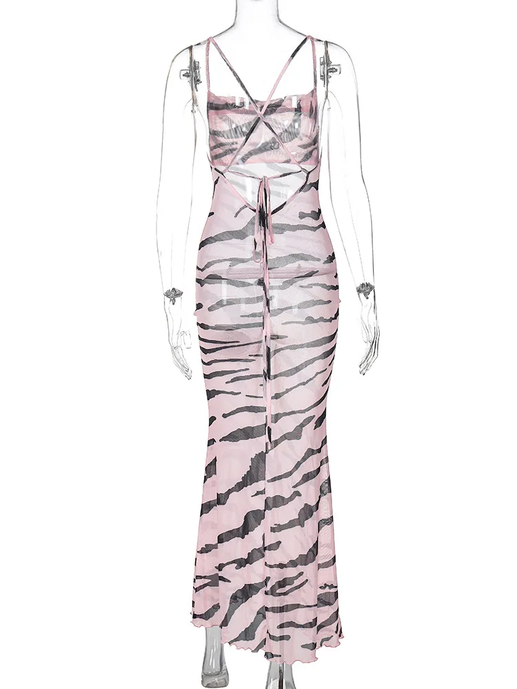Summer Spaghetti Strap Lace Up Backless Pink Zebra Print Long Dress For Women See Through Mesh Beach Bodycon Maxi Dress
