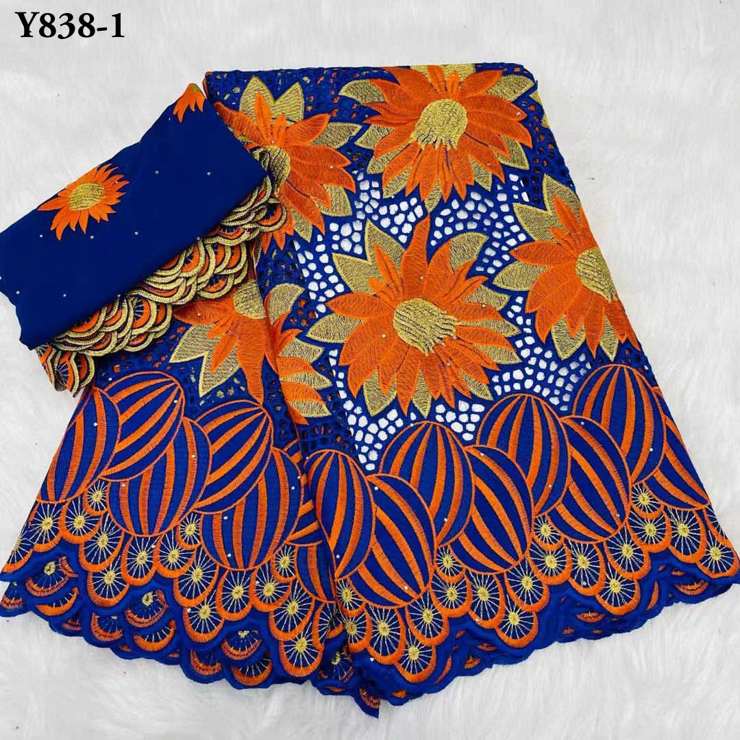 Customized products 5+2 yards embroidered cotton lace with rhinestones african 100% cotton available lace for garment