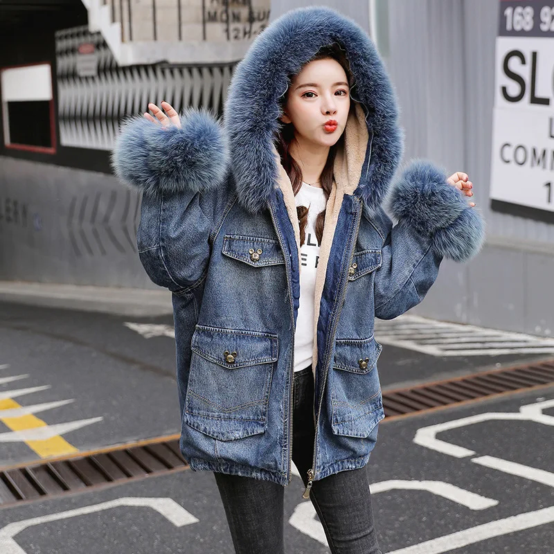 
Fashion big fur jean jacket women coats denim jacket with jeans 