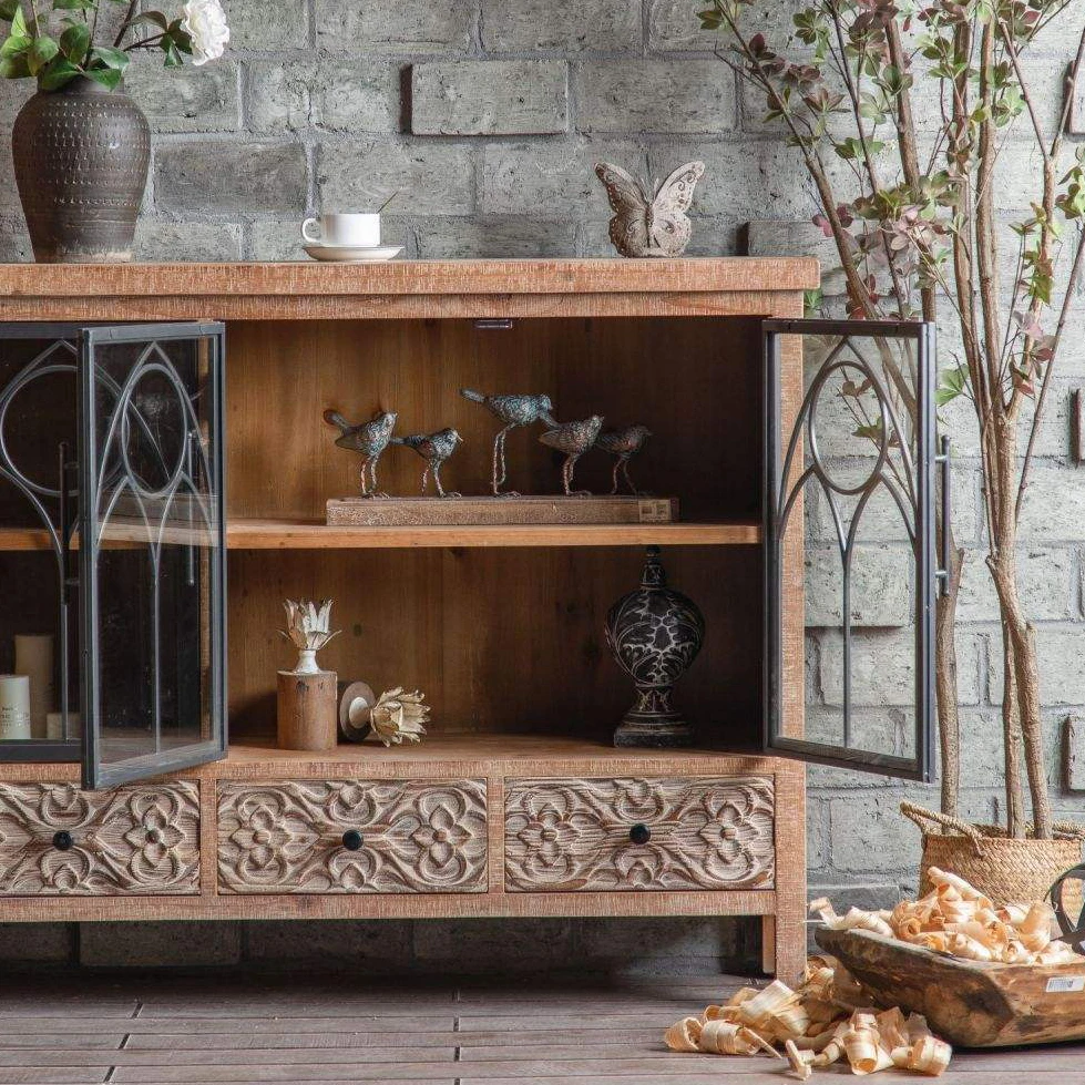 Farmhouse Vintage Wood Cabinet Sideboards with Mirrored Doors Antique Console Storage Cabinets Buffet Cabinets