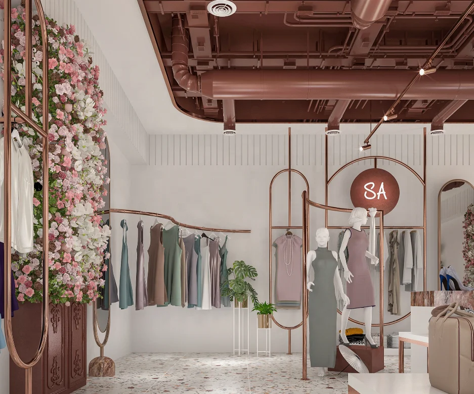 Free Design Women Clothing Shop Interior display accessories design rose gold stainless steel shelves delicate display rack