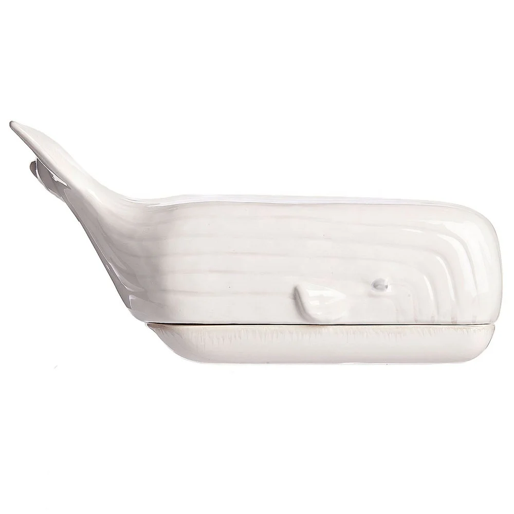 Custom contemporary dinnerware rectangular nautical glossy ceramic white whale porcelain butter dish with cover lid
