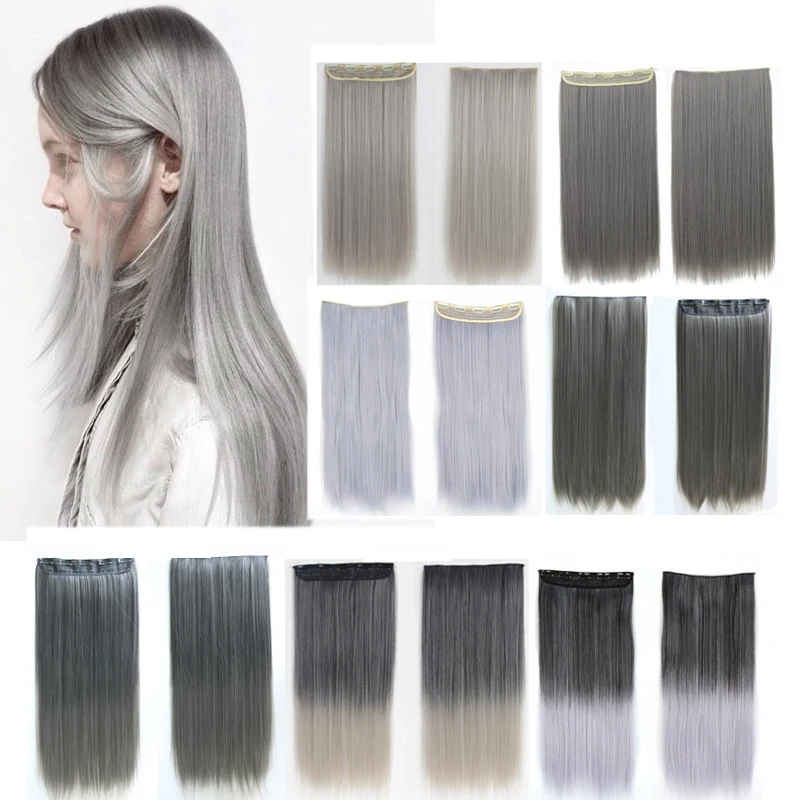 
Clip in One Piece Synthetic Hair Extension Long Straight Synthetic Black Gray Color Hairpieces 