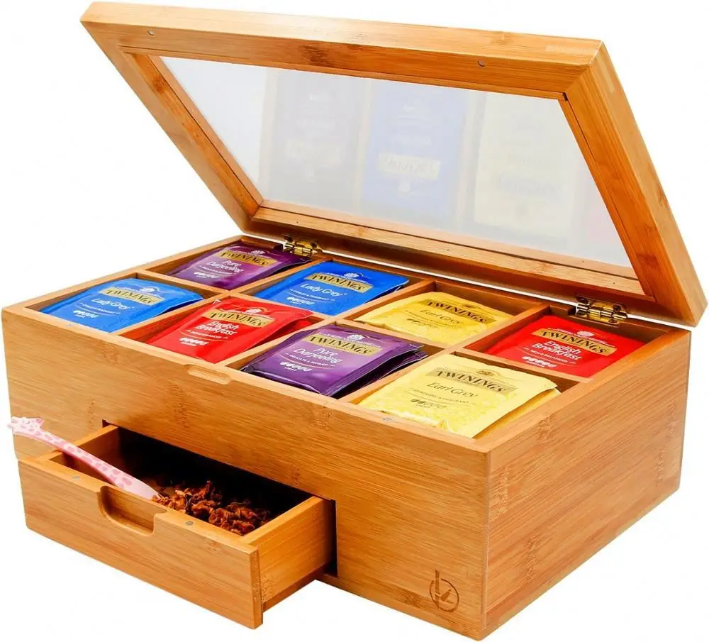 Bamboo Tea Box Chest With 8 Storage Sections & Slide Out Drawer To Keep Your Bagged And Loose Teas Fresh