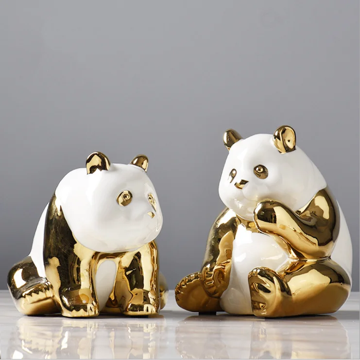 
Arts and Craft Desktop Decoration Gift Handmade Golden Panda Ceramic Ornaments For Home Decoration 