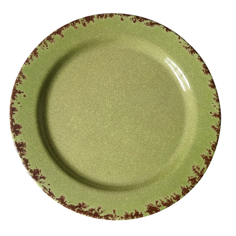Decorative wholesale melamine rustic style printed dusty blue round green salad dessert charger plates for restaurants and kids