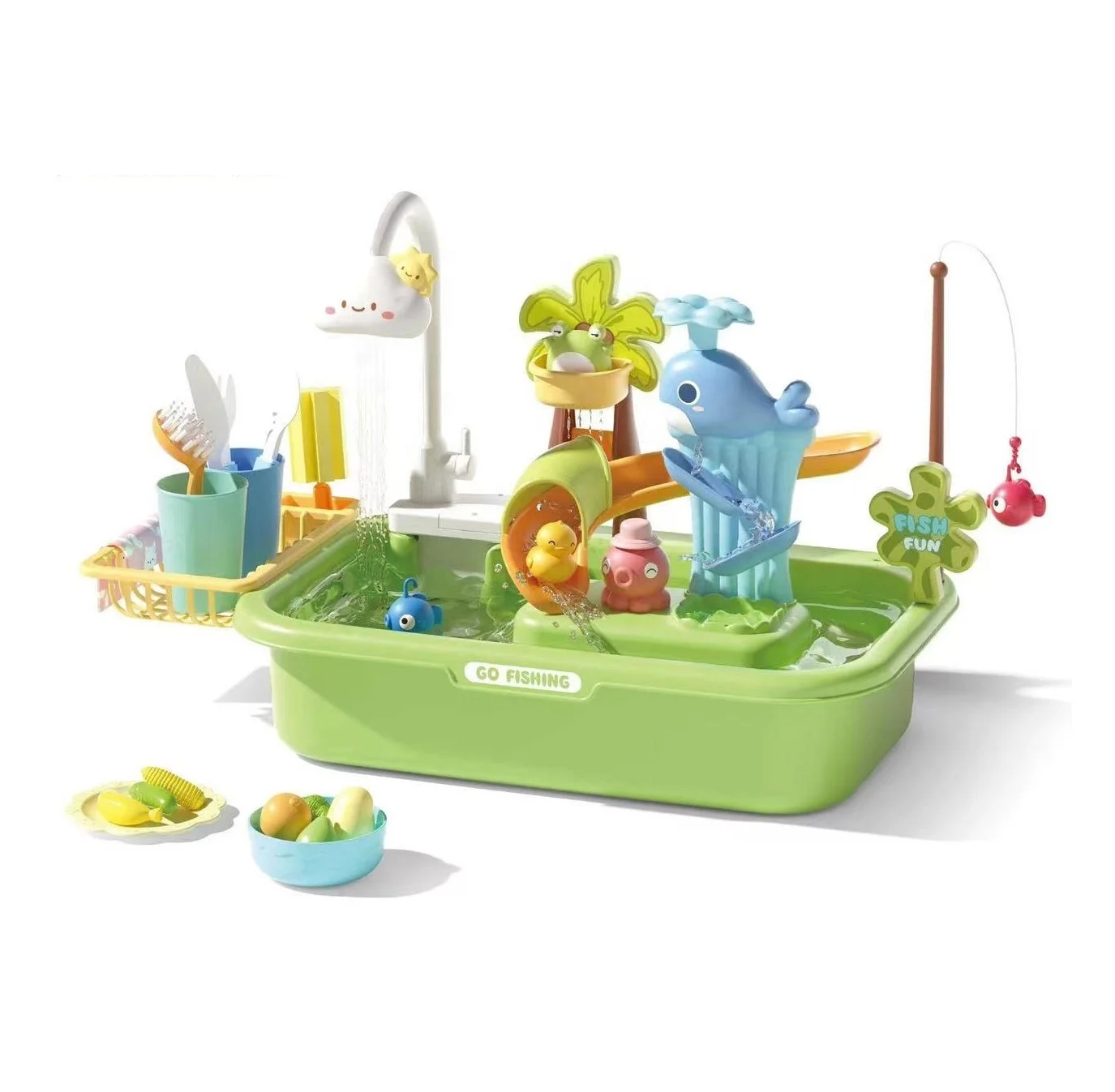 QW 2024 Unisex Kids Pretend Play Electric Kitchen Sink Set Hot Sale Fun Vegetable Basin Toys Made of Durable Plastic