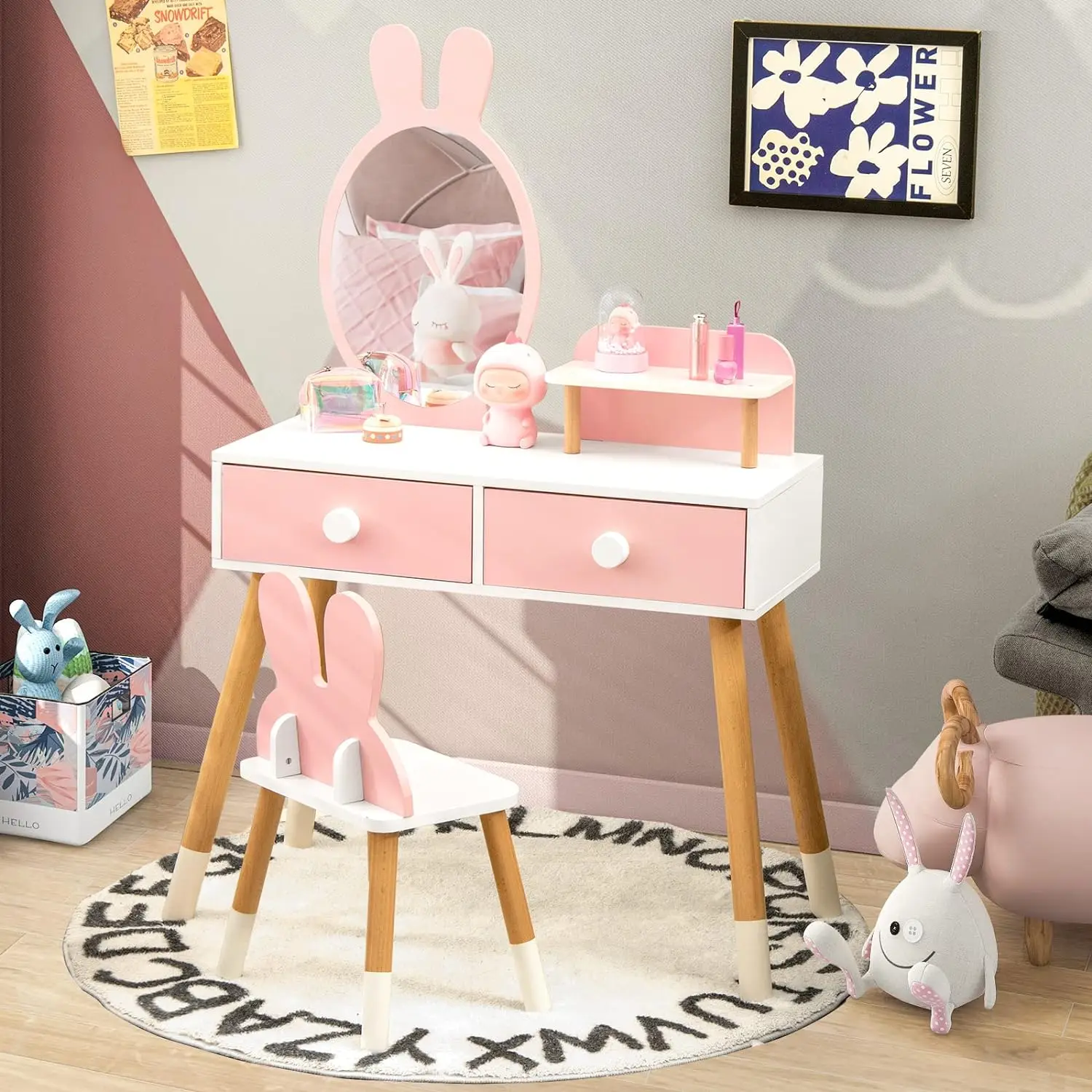 Fast Delivery Baby Cosmetic Mirror Bedroom Pink Chair Children Wooden Vanity Makeup Dresser Classic Dressing Tables For Girl