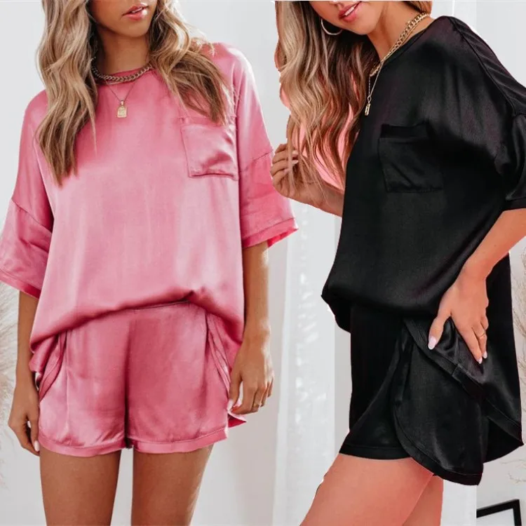 Luxury Nightwear Homewear Super Soft Gravity Satin Shorts Satin Pocket Top Women Satin Pajamas Sets Women Lounge