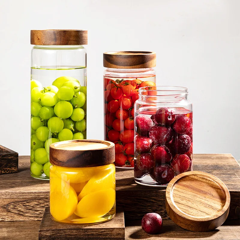Onsin High Quality Custom Wholesale Handmade Candle Borosilicate Food Storage Glass Saffron Jar with Acacia Wooden Screw Cap