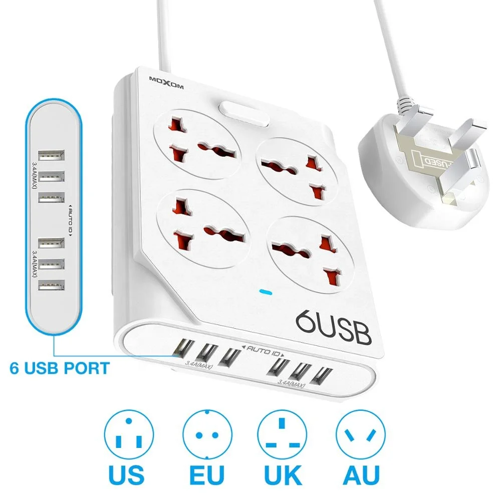 
Travel Office Use Universal 6 USB 4 socket Power Strip Smart Outlet Portable Suitable for EU UK US Plug 