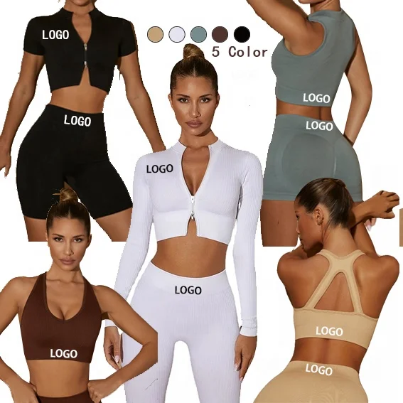 Custom Logo Women Sportswear Gym Clothing Ribbing Six-piece Yoga Suit Seamless Legging Set Training Suit 2022