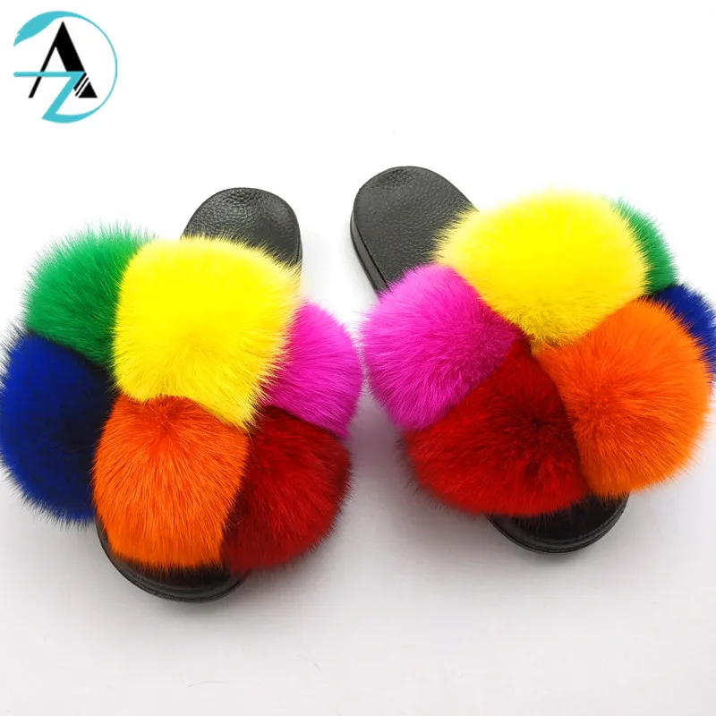
Custom US Hot Sale PVC Sole Colorful Ratatable Six Balls Women Fur Slides Fluffy Real Fox Fur Slippers 