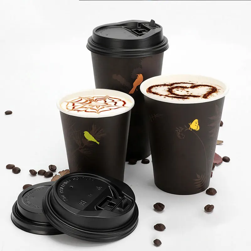 Black Style Tableware 8 Oz  Printing Single Wall Paper Cup For Cold Hot Drinks With Lids