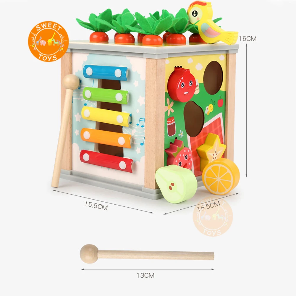 Multi-function Wooden Geometric Matching Game Gift 6 In 1 Pull Radish Catch Bug Hundred Treasure Box for Toddler