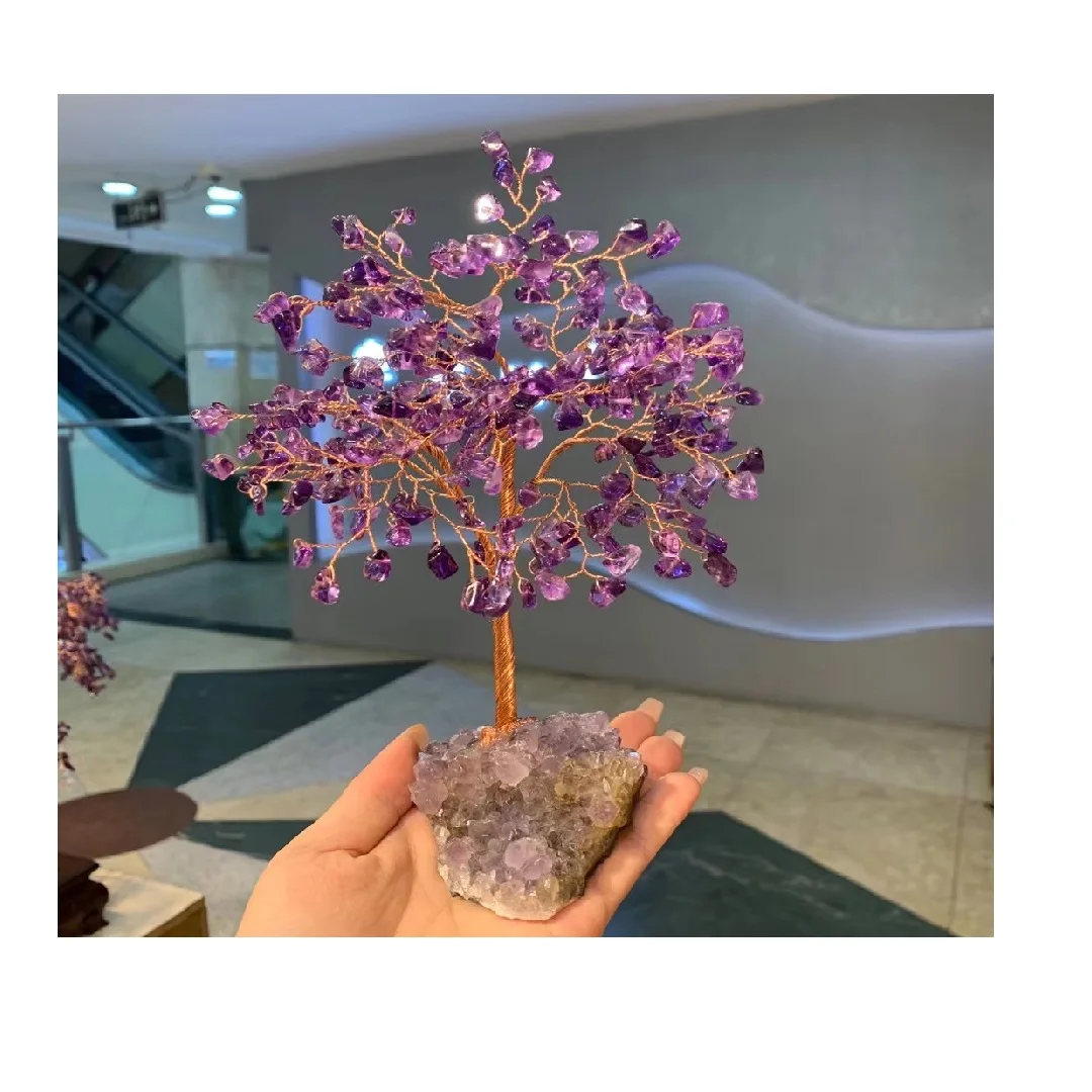 BD- C1703 Fengshui Tree of life good luck home decoration gift amethyst drusy base handmade tree wire wrap 14*18cm