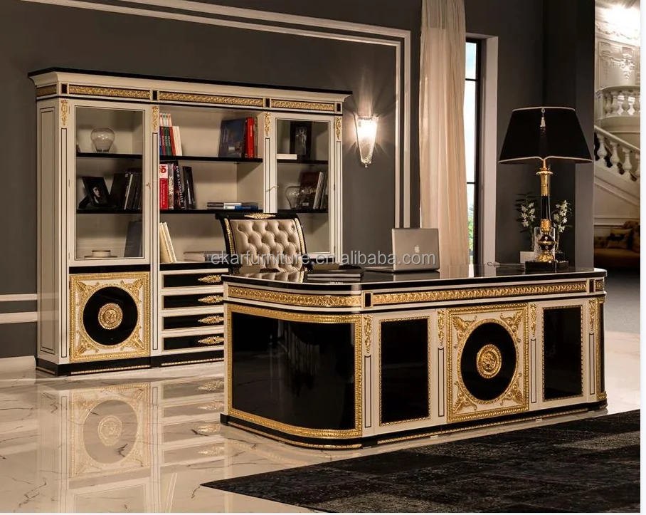 Italian Style Classic Hand Carved Oval Solid Wood High Gloss Paint Black Antique Home Office Desk