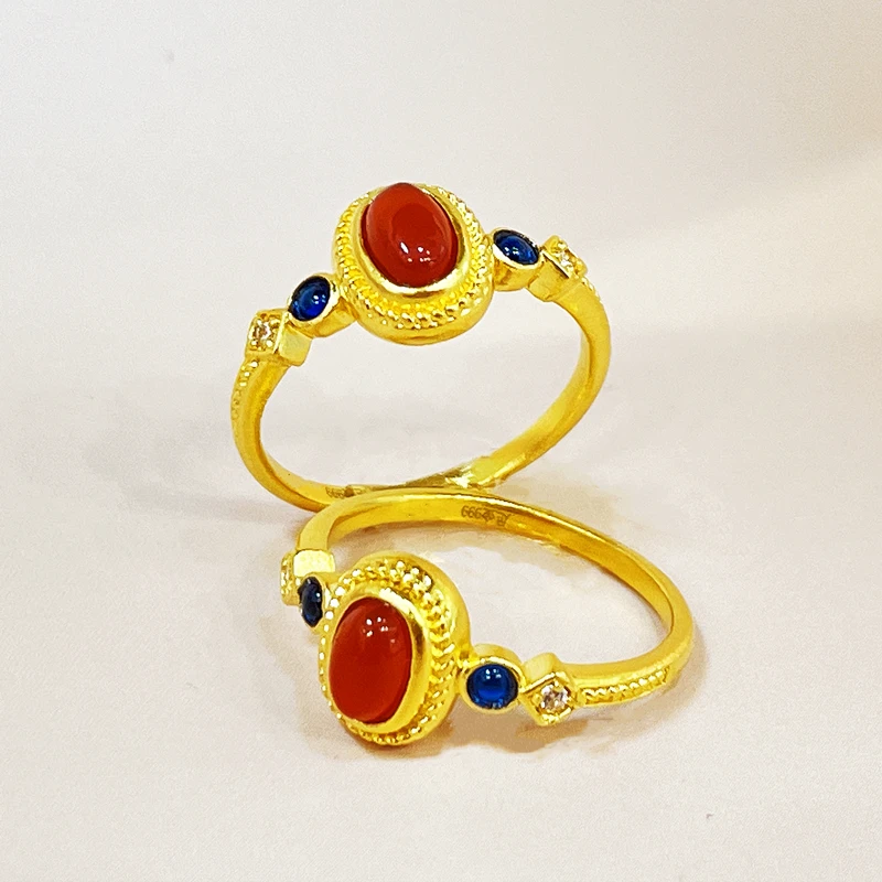 Golden Carnelian Enamel Mini Palace Sparrow 14K Gold Ring - Solid Gold Wedding Band for Women