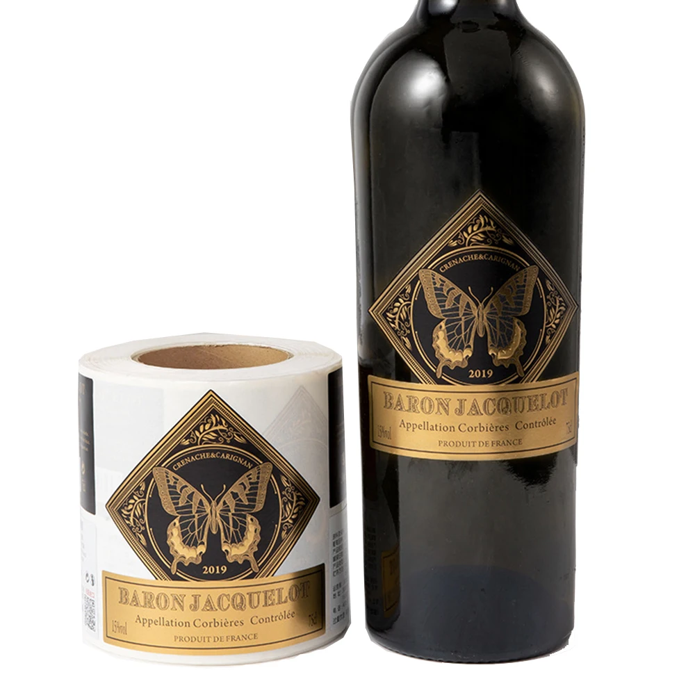 Factory customized vinyl waterproof wine bottle labels stickers roll with gold stamping logo
