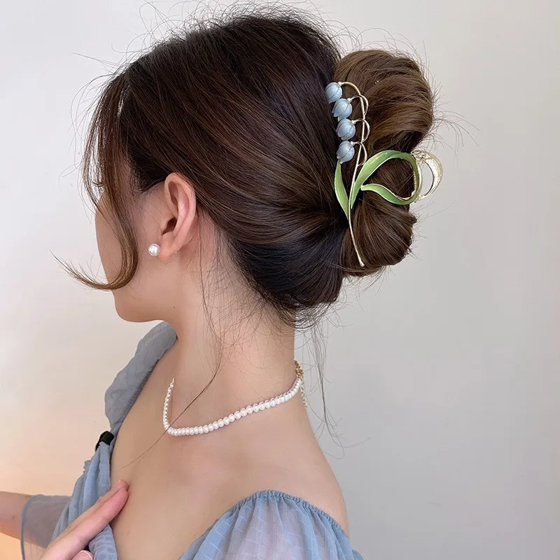 Fashion Hair decoration flower back head ponytail hair grab clip large metal flores convallariae fine women shark hair claw